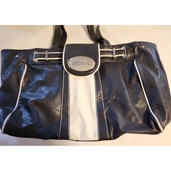 Kenneth Cole Reaction Black & White Faux Leather Tote Bag With Double Handles - Picture 3 of 8
